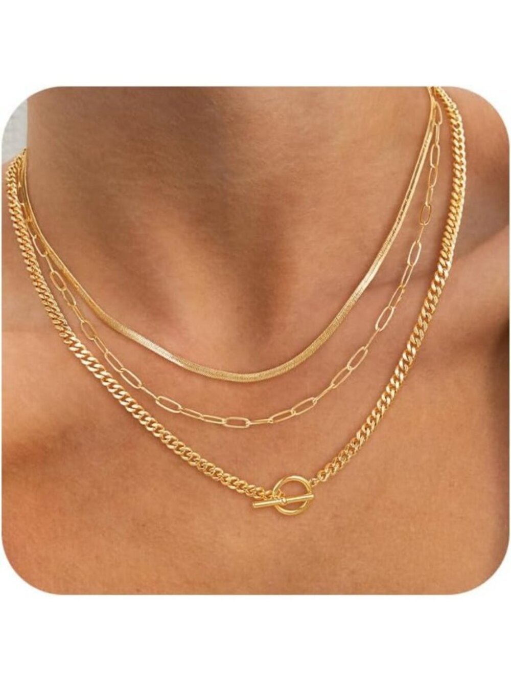 Trendy 14K Gold Plated Layered Chain Necklace | Chunky Cuban Link & Paperclip